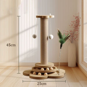 4in1 Solid Wood Cat Scratching Post Natural Sisal Scratcher with Interactive Track Toys and Dangling Plush Ball