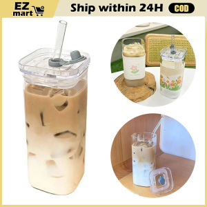 Minimalist Square Glass Square Ins with Lid Transparent Simple Flat Bottom Heating Coffee Mug Straw Cups Acotar Cute Glass Cups