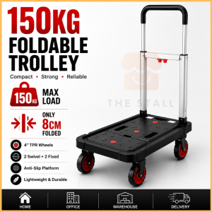 150KG Foldable Trolley - Compact Strong Reliable - 4" TPR Wheels - 2 Swivel 2 Fixed - Anti-Slip Platform - Lightweight Durable - Fits Home Office Warehouse Delivery - Only 8CM Folded