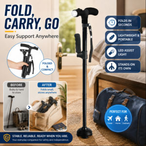 Multifunctional Aluminum Alloy LED Telescopic Walking Stick Lightweight Foldable Cane 5-Level Height Adjustment LED Light Comfortable Handle Travel Hiking Outdoor
