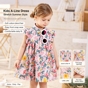 AILEBE Kids Dresses Four Way Stretch A Line Dress With Front Snap Easy On Off Lotus Leaf Ruffle Cuffs Cute Cartoon Print Soft Cotton-Blend Summer Wear OOTD Pambahay For Baby Girls 0-12 Years Perfect For Daily