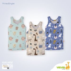 Velvet Junior 3 pcs Singlet Oblong Kutung Print Motif Terbaru Adem Kaos Katun Buntung Anak Bayi