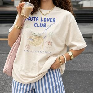 [Local Stock] HBESTY  Women Pasta Lover Club Spaghetti Tomato Sketch Print T Shirt Cotton Tee Food Theme Casual Outfit Ladies Summer Daily Loose Tops
