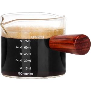 75ML Double Spouts Measuring Triple Pitcher Milk Cup with Wood Handle Espresso Shot Glasses Parts Clear Glass