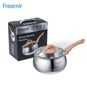 freemir Panci Gemoy Silver Stainless Steel 16cm Anti Lengket Gratis Tutup Kaca + Gagang Kayu Estetik