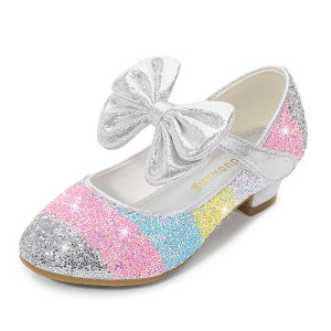 Striped Shining Bow Princess High Heel Shoes Kids Stage Performance Shoes Wedding Carnival Halloween Party Luxury Sequin Shoes