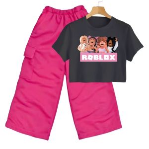 Setelan Anak Perempuan Usia 3-10 Tahun Kaos Crop Top Dan Celana Kargo Gambar ROBLOX VIRAL
