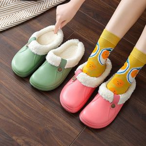 Comwarm Winter Womens Fuzzy Clogs Slippers Garden Shoes Soft Sole Waterproof EVA Plush Slippers Men Fur Clogs Couple House Shoe