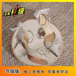 [Free Shipping] New Bridal Wedding Shoes Featuring A Bow Pointed Toe Fashionable Pearl Chain Ribbon And A Single-Strap Design With High Heels