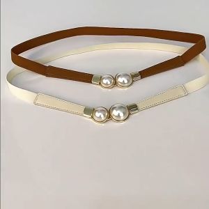 1pcs Stretch Belt Adjustable Double Pearl Belt Leather Dress Skirt Waist Elastic Slim Womens Belts
