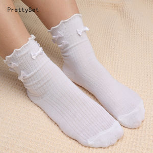 2 cặp vớ cho phụ nữ Ruffle bông giữa ống mắt cá chân cộc thoáng khí màu đen nơ trắng bằng gỗ Ear-Gọng vớ