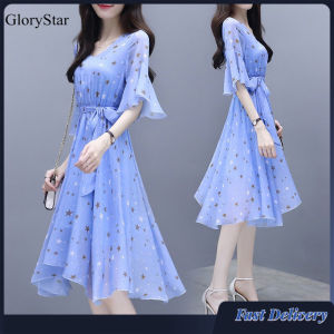 Glorystar mùa hè mỏng v-cổ ruy băng Đầm thanh lịch sao tay áo loe dài vừa Đầm in hình