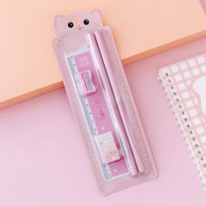 Cute Cartoon 5 in 1 Kids Stationery Set with Pencils Ruler Sharpener and Eraser – Astronaut Rabbit Bear Girl Blue Pink Yellow Options