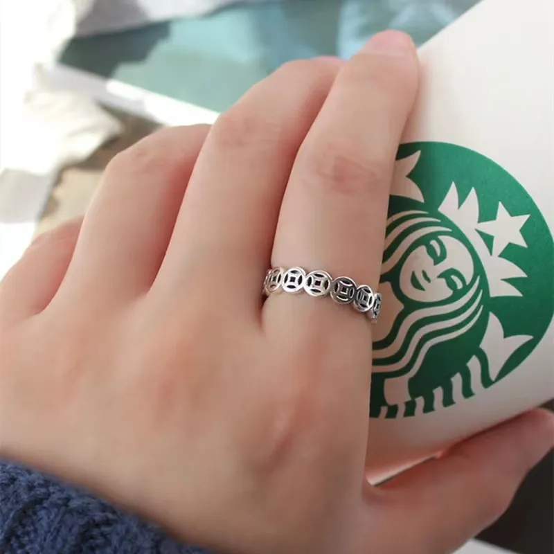 Vintage Hollow Coin Ring For Women - Lucky Money Catcher Stainless Steel Link Ring, Aesthetic Jewelry