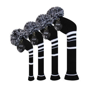 Scott Edward Golf Head Cover Set 4 PCs with Fluffy Pom Knit Double Layers Protector for Golf Driver Wood (460cc) Fairway Wood and Hybrid / UT with Rotating Club Number Tags (Fast Black and White Dot)Protect Golf Club From Scratches and Dust