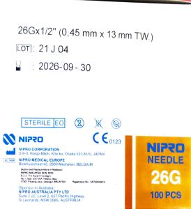 NIPRO  MEDICAL NEEDLE 26G X 1/2 INCH -100PCS/BOX  EXPIRY 2027