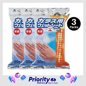 [Bundle of 3] Japan Condor HANA Glass Cleaning Wet Wipes 20 Sheets Per Natural Orange Oil Antibacterial Oily Film Removal Without Streaks for Window Glass Furniture Car Windows Mirrors