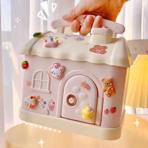 Cute House Piggy Bank With 3D Sticker Kawaii Piggy Bank Big Size Password Money Box Code Key Lock Automatic Cash Coin Saving Box Coins Banknotes Birthday For Kids Gift