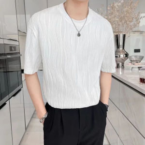 IELGY Ice Silk Mens Loose Korean Style Casual Striped T-Shirt