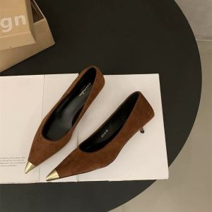 [Free Shipping] Metal Pointed-Toe Stiletto Heels Retro Style New Design Elegant Suitable For Spring And Autumn Suede Shallow-Toe Pumps