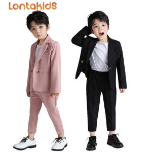 lontakids 2Pcs/3Pcs Kids Boys Plain Suits Jacket & Pants Formal / T-shirt Birthday Wedding Party Attire Children Pink Black Gentleman Clothes Set Outfit for 2 -11 Years