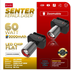 SENTER KEPALA LED ZOOM AOKI AK-3685A & AK-3685K 60W HEADLAMP LASER 60 W JARAK JAUH ZOOM IN ZOOM OUT