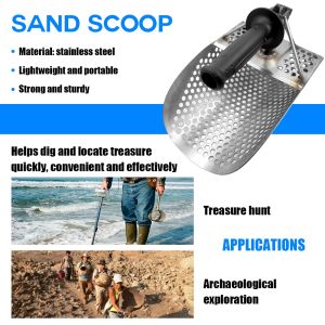 Beach Sand Scoop with Handle Metal Detecting Tool Stainless Steel Detector Fast Sifting Metal Detector Metal Detector Sand Scoop with Handle Stainless Steel Beach Sand Scoop Gold Detector Scooping Sand and Soil for Minelab Metal Detecting