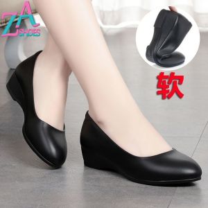 ZAZA Women Wedges Heels Women Office Shoes Soft Sole Single Black Leather Shoes Korean Style Fashion Shoes