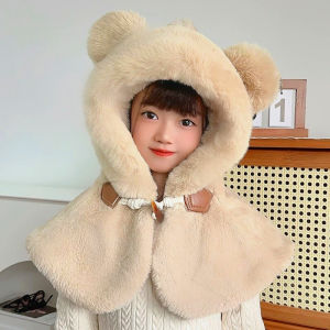 DT767-Kids Integrated Winter Hat Cute Fleece‑Lined Shoulder Cape Boys Girls 儿童一体帽冬季可爱加绒坎肩男女童保暖帽护耳围脖毛绒帽