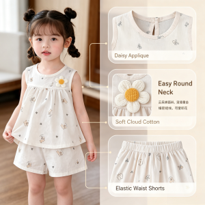 AILEBE Kids Sets Sleeveless Top Loose Shorts Set Soft Cloud Cotton Breathable Summer Wear 3 Cute Prints Korean Fresh Design Loose Comfy Fit For Free Play Pambahay OOTD For Baby Girls 0-10 Years