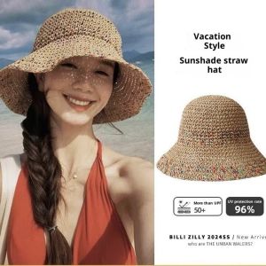 RUNENBAOLUO Summer Beach Straw Hat for Women Wide Brim Sun Protection UV50+ Vacation Style Adjustable Foldable Hat