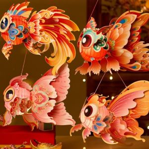 xuechuangying 纸灯笼 paper lantern 中秋节 Fish Middle Autumn Festival Lantern 3D Paper Mid Autumn Lotus Lantern Antique Hand Made DIY Lantern Material Kit Women