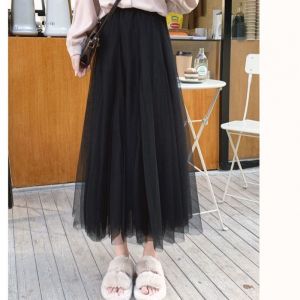 Tutu Tulle Skirt lace dress Tutu Maxi Elastic High Waist Long Skirt 88cm Women Tutu Maxi Skirt Casual Loose Skirt Putih Lined