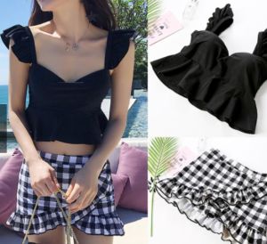 ชุดว่ายน้ําผู้หญิง เซต2ชิ้น ชุดว่ายน้ําขาสั้น ลายสก็อต