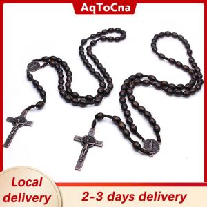 [COD] AqToCna Ship within 24 hours Vintage  Cross Catholic Wood Beads ReligiousPrayer Pendant Necklace Jewelry