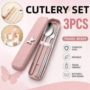 Vixplorn Portable Cutlery Set 3In1 Stainless Steel Chopsticks Fork Spoon with Pouch Travel School Daily Use