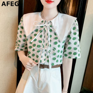 AFEG new Korean version doll collar bow fashion loose all-match polka dot short-sleeved blouse for women