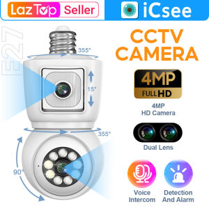 Icsee 4MP Dual Lens Bulb Cctv Camera Connect Cellphone Ceiling Mount Bulb Wireless cctv camera wifi connect 360 Degree CCTV With Audio And Speaker Smart IP Security Cameras HD Indoor light bulb E27 Surveillance Camera