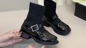 Girlssocks Boots 2024 New Autumn Childrens Black Leather Shoes Little Girl Socks Short Boots Soft Bottom Western Princess Shoes