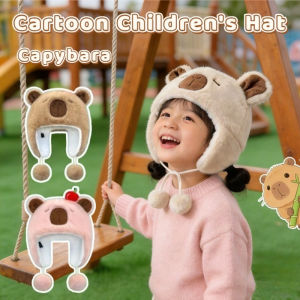 Cute Kids Plush Hat Capybara Thick Hat with Plush Ball Cartoon Ear Hood Pullover Winter Hat