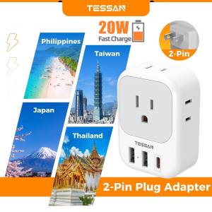 TESSAN Wall Charger 2 Prong to 3 Prong Electrical 4 Outlet Expander with 3 USB Multi Plug Extender Splitter Japan Travel Adapter Type A