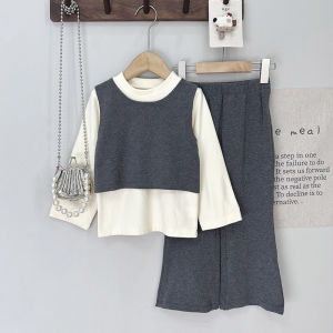 Bear Leader Korean Version Patchwork T-shirt Top+Pants 2-piece Set Olid Color Kids Fashion Wear Plain Long Sleeves Girls Clothes