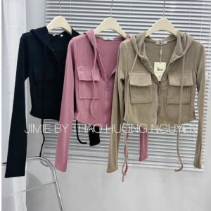 Áo Khoác Nữ Chống Nắng Vải Thun Gân Mềm Mịn Mát có dãn mạnh form siêu cưng trẻ trung mặc 4 mùa Áo Khoác Thun Gân Dây Rút Cổ Tay Dài Thoáng Mát