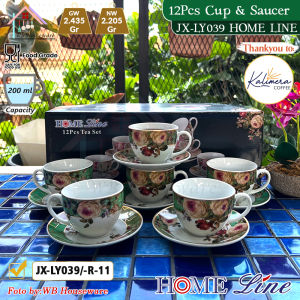HOME LINE cangkir teh set 6 pasang keramik motif Olive rose / coffee tea set cup and saucer porcelain R-11