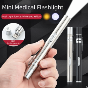SEKINEW Yellow/White Lights Nurse Flashlight Stainless Steel Clip USB Recharging Dual Light Pen Light Durable Comfortable Grip Nursing Penlight Procedures