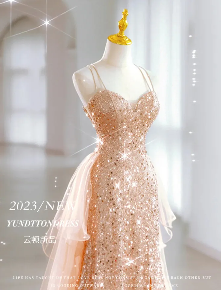 Champagne Golden Evening Dress Gown For JS Prom Dress Strap Sequins Luxury  Party Dress Long Dress