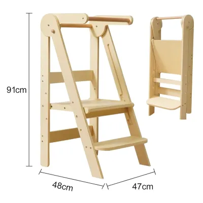 [SG SELLER] Montessori Kids Toddler Tower Kitchen Step Stool with Adjustable Height Learning Helper Natural Wood