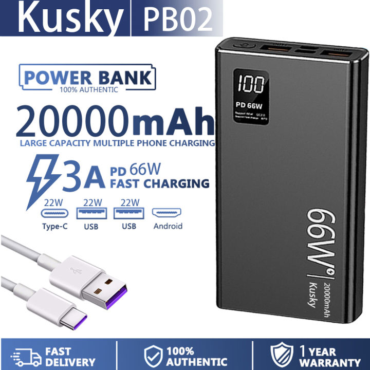 Kusky 20000mah 3A PB02 Powerbank PD 66W 3port 22W Fast Charging LED Display Type C Power Bank