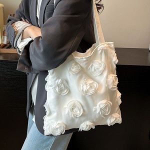 BANAN Large Capacity Flower Shoulder Bag White Lightweight Flower Tote Bag Casual Fashion Nylon Cloth Handbag Beach