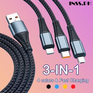 [100% Original] ⚡Super Fast charging⚡ Fast Charger 6A 3 in 1 USB Charging Cable Micro Usb Type-C Android For iPhone Multiple Cable Type C Premium Nylon and Aluminum Braided Materials Multiple USB Charging Cable 1.2M